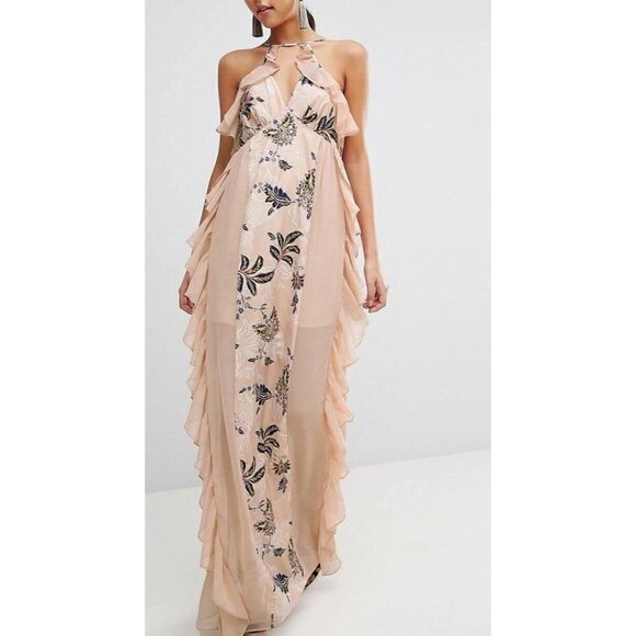 TJD The Jetset Diaries Sz S Beige Ruffled Floral Print Long Maxi Dress V Neck - Picture 4 of 16